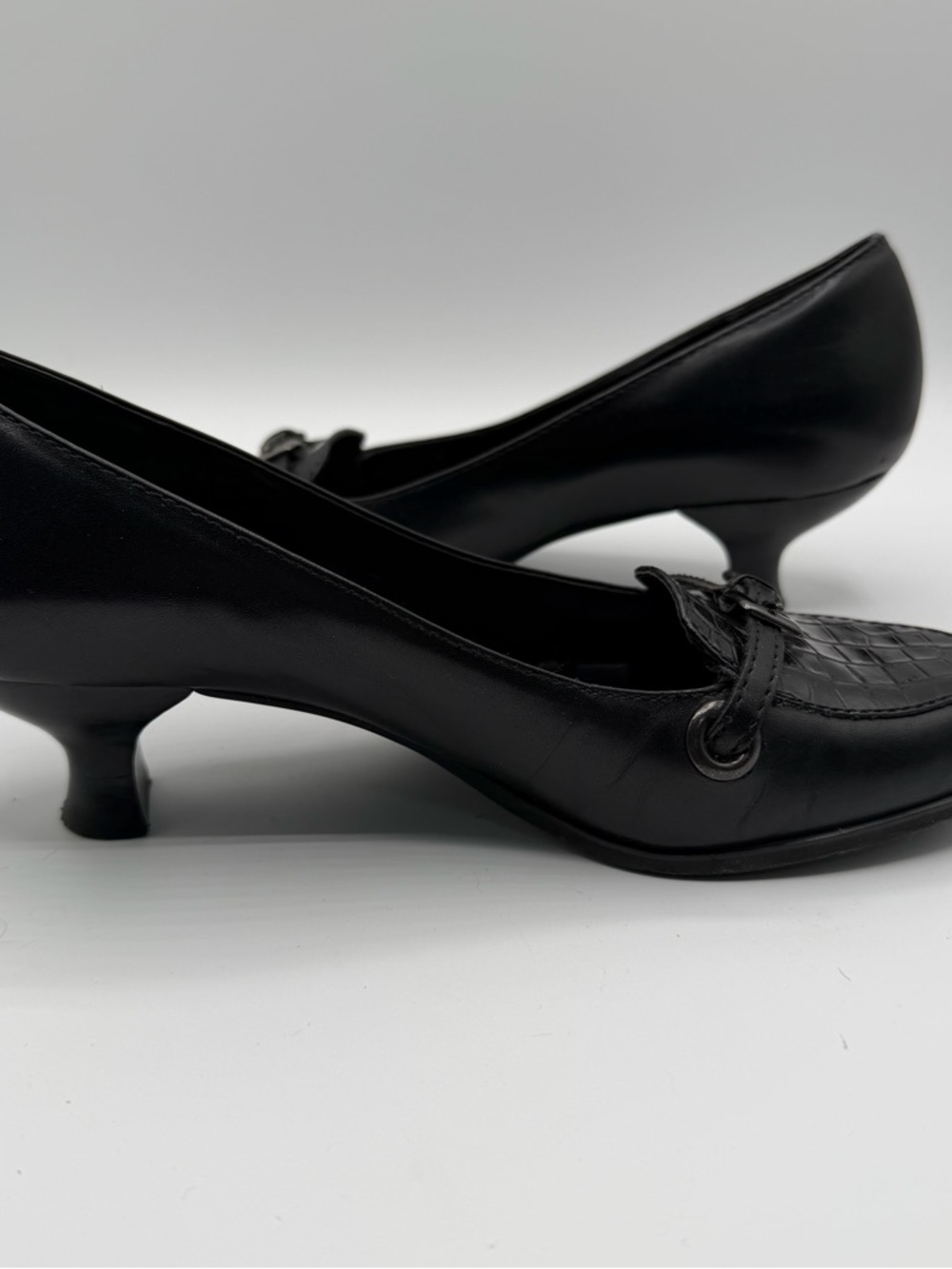 Franco Sarto Black Leather Croc Embossed Loafer Kitten Heel Pumps 6M - Picture 5 of 9